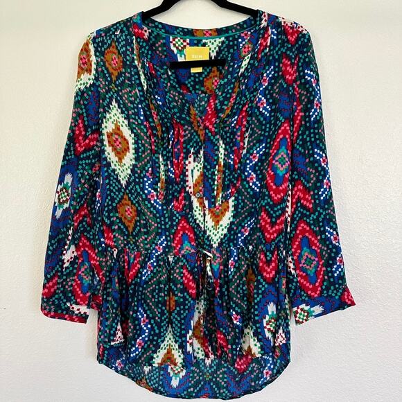 Maeve Anthropologie Pintuck Aztec Pattern Roll Tab Sleeve Tie Button Blouse 4 - Picture 1 of 11